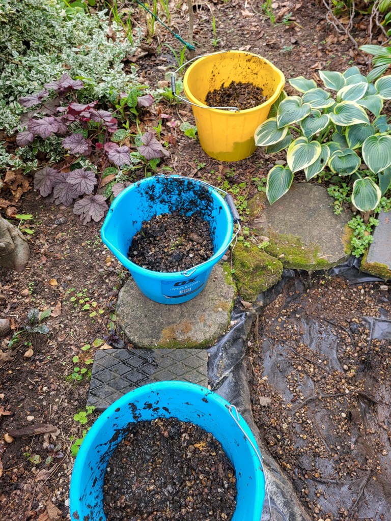 Buckets of dirty pond gravel scooped out as the pond was drained. 