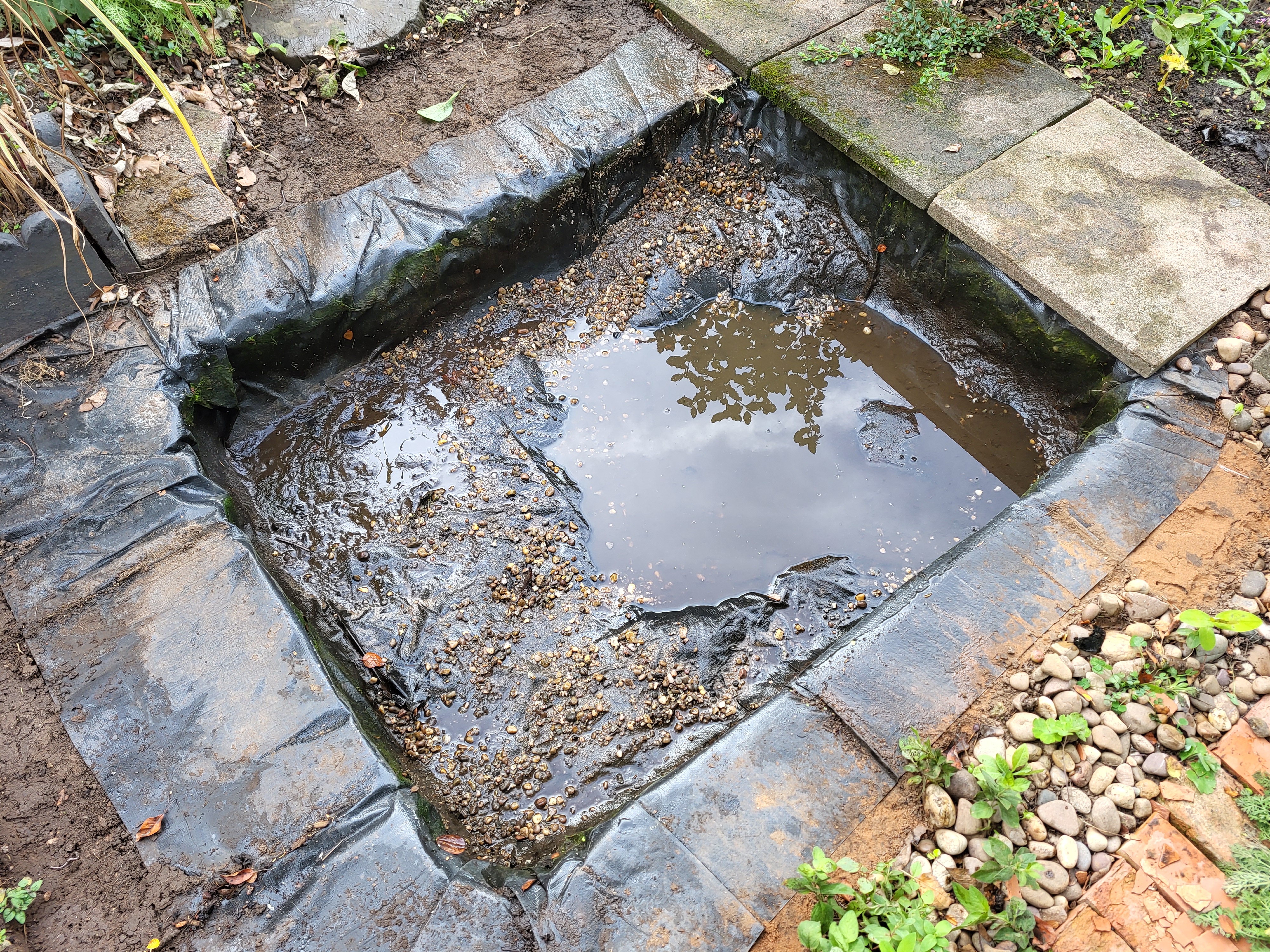 Pond draining in progress with decorative pebbles and most of the slabs removed.