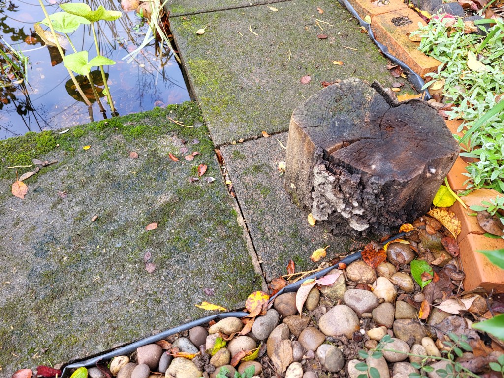 Pond liner tucked in and held in place by back-filled pebbles and decorative bricks filled with gravel.